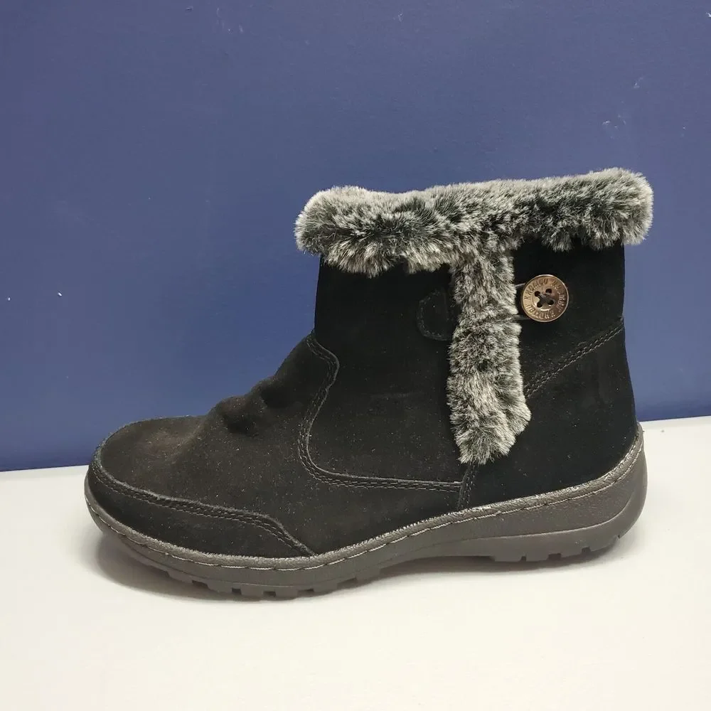 Khombu Iris Winter Snow Boots Womens Size 7 Black Faux Fur Trim Side Zip 1527296
